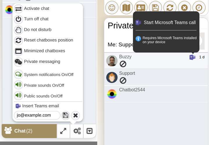 As Skype is no more, our chat system now supports Microsoft Teams. To use, just enter and save your  Microsoft Teams email address in the chat options field. Then it's just a single click on Microsoft Teams icon to open Teams and start a video call etc!